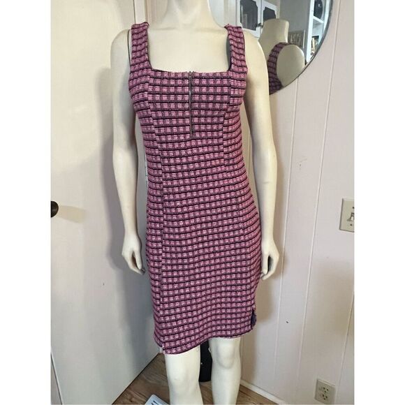 Topshop Mini Checked Pink Pinafore Dress W/Squared Neckline Front Slit Hem Darli - Picture 4 of 10